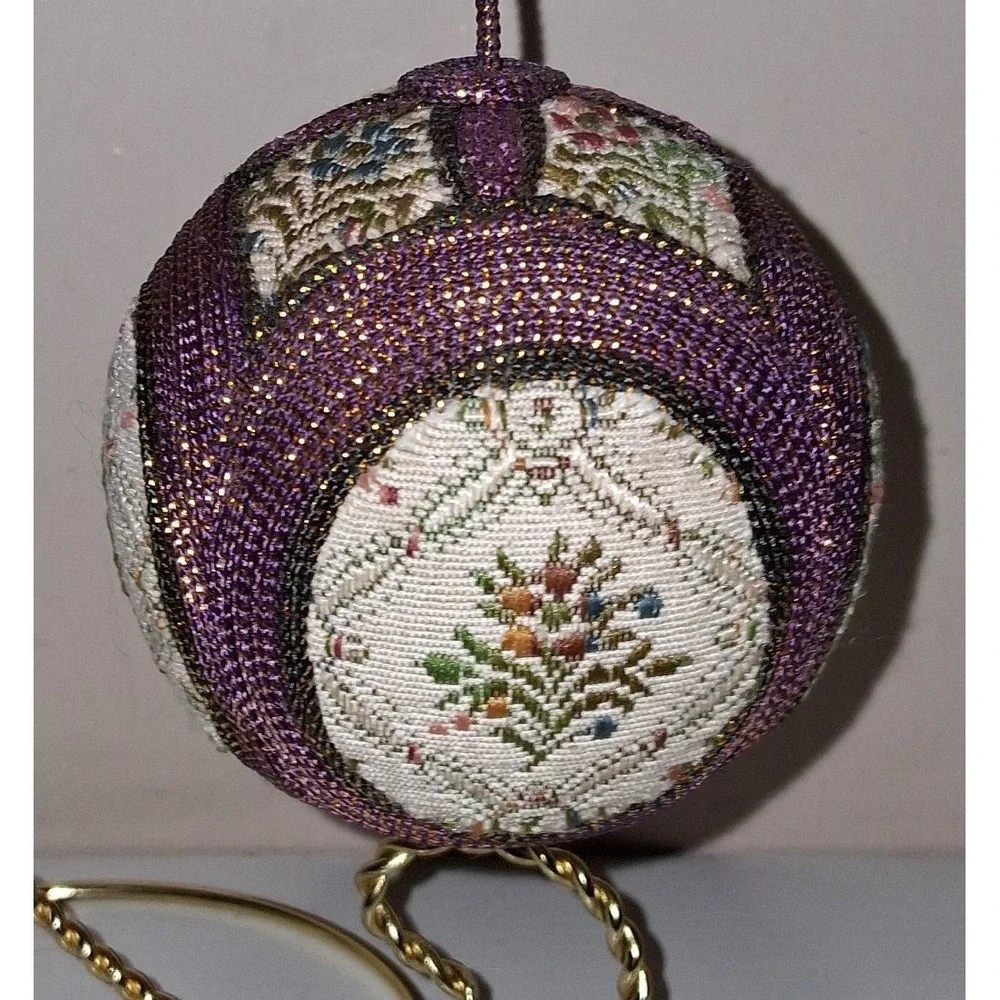 Vintage Japanese Kimekomi Temari Ball Ornament Purple Gold Floral 3.25